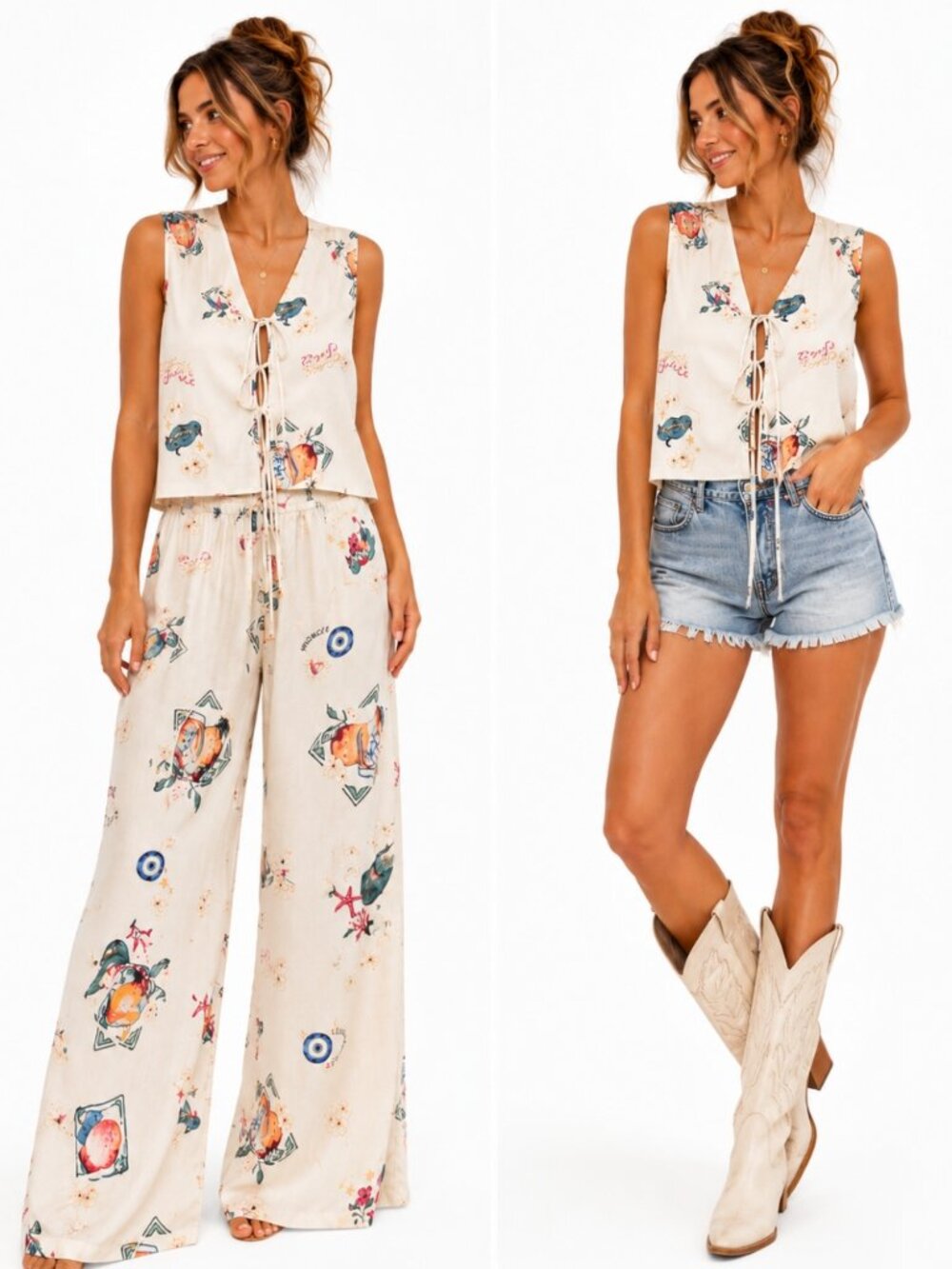 Cali 1850 Linen Blend Coastal Lounge Set Wide Leg Pants Tie Front Tank Large
